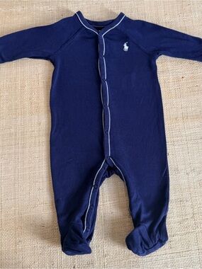 Ralph Lauren Navy Footed Cotton One-Piece with Polo Pony